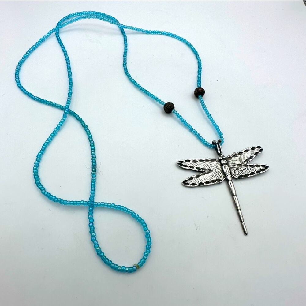 Sterling Silver Dragonfly Pendant Necklace Blue Beads Boho Beaded Casual Jewelry